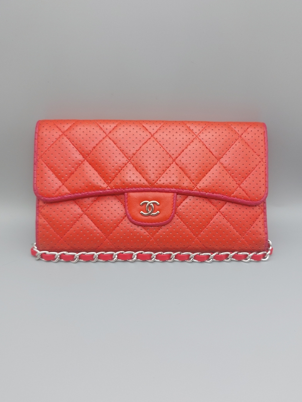 🌺Chanel Quilted Perforated Coral Red Leather Wallet/Clutch🌺